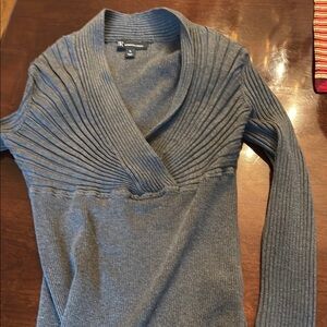 Gray V-Neck Ribbed Knit Sweater